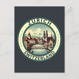 Zurich Switzerland Illustration Travel Art Badge Postcard