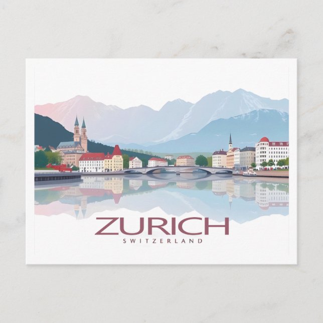 Zurich Switzerland Lake Zurich Pastel Travel Postcard (Front)