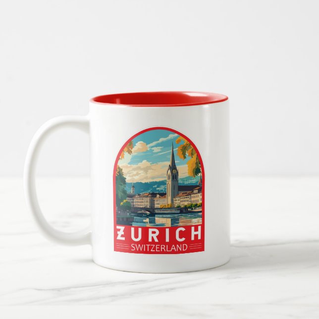 Zurich Switzerland Travel Art Emblem Two-Tone Coffee Mug (Left)