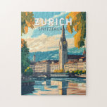 Zurich Switzerland Travel Art Vintage Jigsaw Puzzle<br><div class="desc">Zurich retro vector travel design. The picturesque lanes of the central Altstadt (Old Town),  on either side of the Limmat River,  reflect its pre-medieval history.</div>
