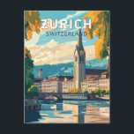 Zurich Switzerland Travel Art Vintage Postcard<br><div class="desc">Zurich retro vector travel design. The picturesque lanes of the central Altstadt (Old Town),  on either side of the Limmat River,  reflect its pre-medieval history.</div>