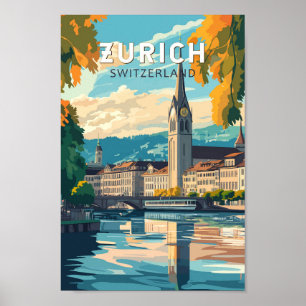 Zurich Switzerland Travel Art Vintage Poster