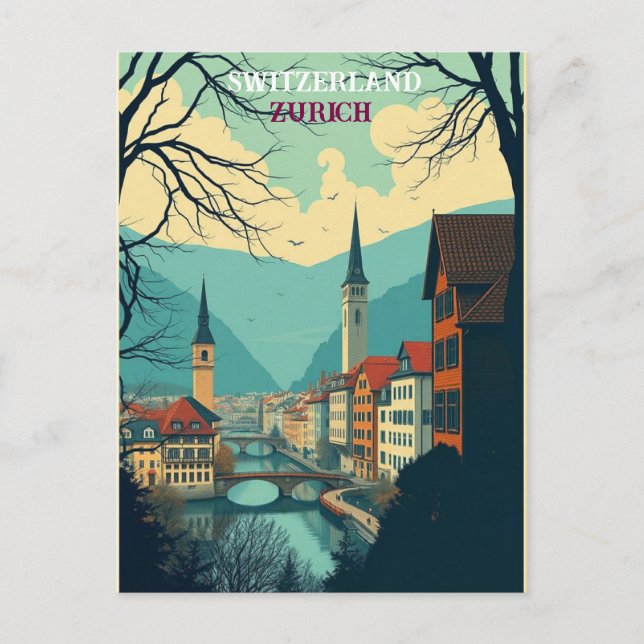 Zurich Switzerland Vintage  Travel Art Postcard (Front)