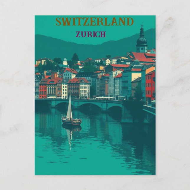 Zurich Switzerland Vintage  Travel Art Postcard (Front)