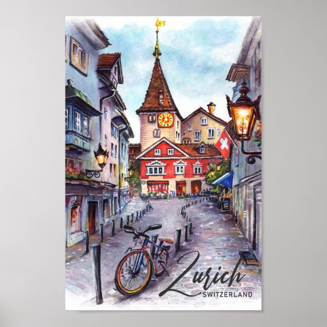 Zurich Switzerland Watercolor Painting Travel Poster (Front)