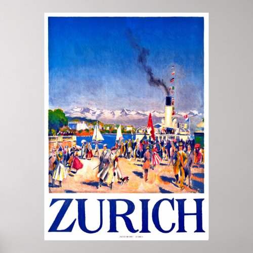 Zurich tourist ship on city dock Switzerland Poster