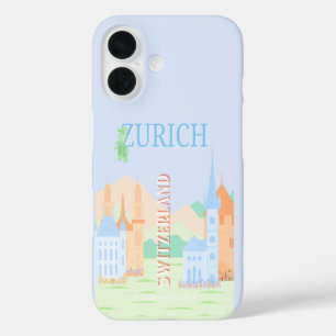Zurich Travel Art, Switzerland, Blue Retro Travel iPhone 16 Case