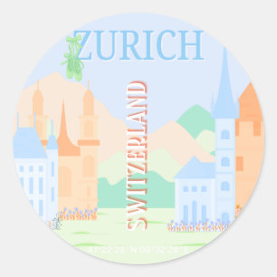 Zurich Travel Art, Switzerland, Blue Retro Travel Classic Round Sticker