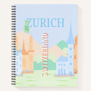 Zurich Travel Art, Switzerland, Blue Retro Travel Notebook