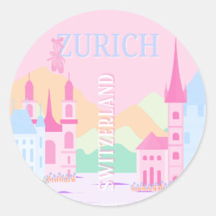 Zurich Travel Art, Switzerland, Pink Preppy  Classic Round Sticker