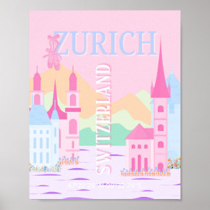 Zurich Travel Art, Switzerland, Pink Preppy Poster