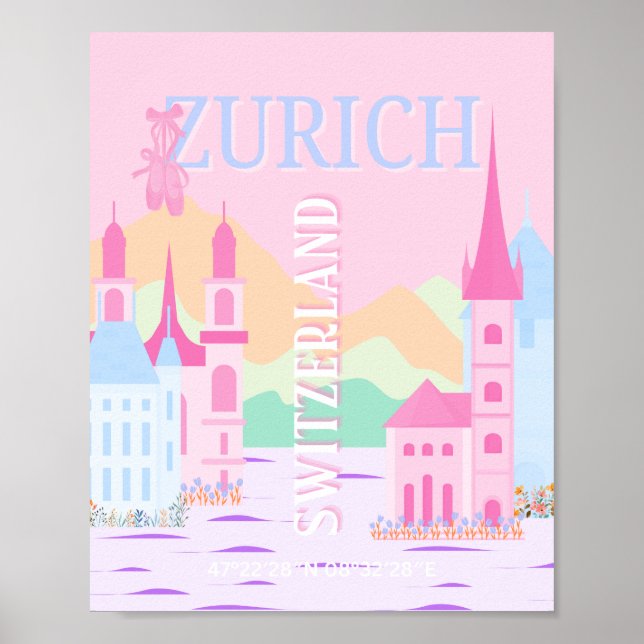 Zurich Travel Art, Switzerland, Pink Preppy  Poster (Front)
