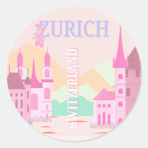 Zurich Travel Art, Switzerland, Pink Retro Travel Classic Round Sticker