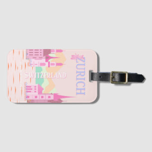Zurich Travel Art, Switzerland, Pink Retro Travel  Luggage Tag