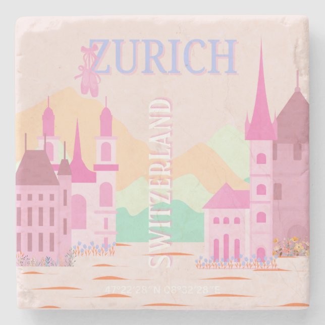Zurich Travel Art, Switzerland, Pink Retro Travel  Stone Coaster (Front)