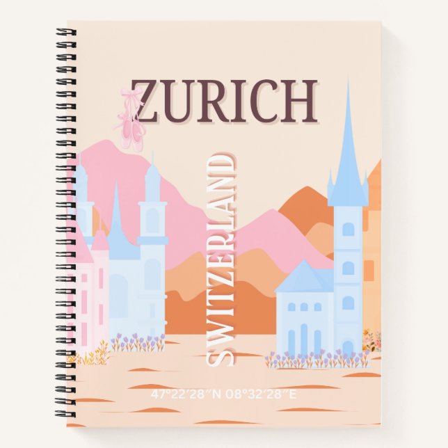 Zurich Travel Art, Switzerland, Retro Travel Art Notebook (Front)