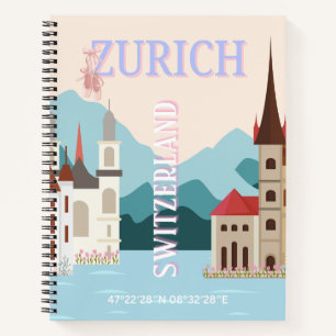 Zurich Travel Art, Switzerland Travel Art, Retro Notebook