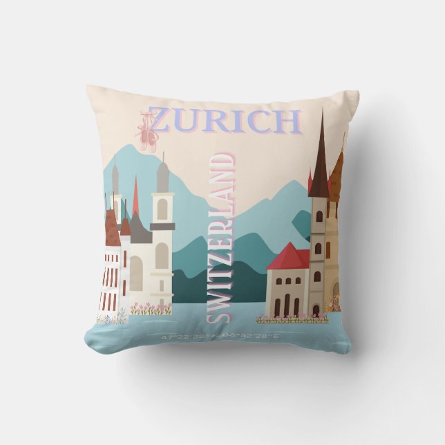 Zurich Travel Art, Switzerland Travel Art, Retro Throw Pillow (Front)