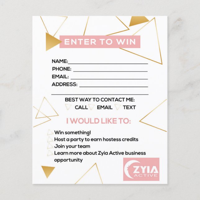 Zyia active Enter to win flyer (Front)