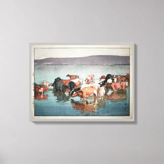 沼崎牧場の昼, Cows, Hiroshi Yoshida, Woodcut Canvas Print